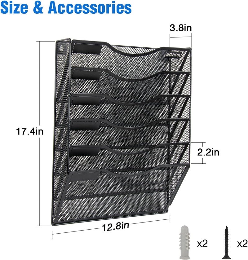 BOHDK Wall File Organizer, 6 Tier Hanging File Folder Mail Organizer, Vertical Mesh Metal Wall Mount Hanging File Holder, Paper Document Magazine Rack for Home Office Black - Image 3